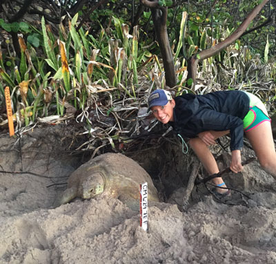 Heather Seaman standing next to a sea turtle.
