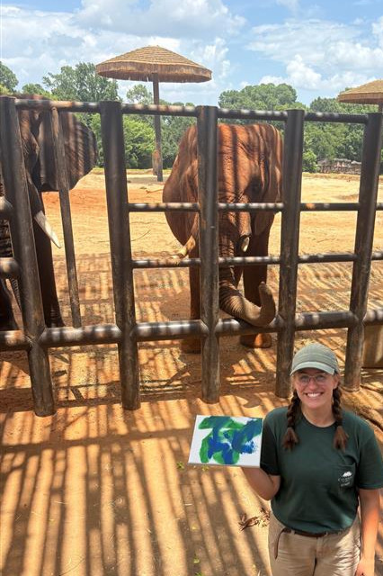 Woman in green shirt holding small painted canvas. Elephants can be seen in an enclosure in the background.